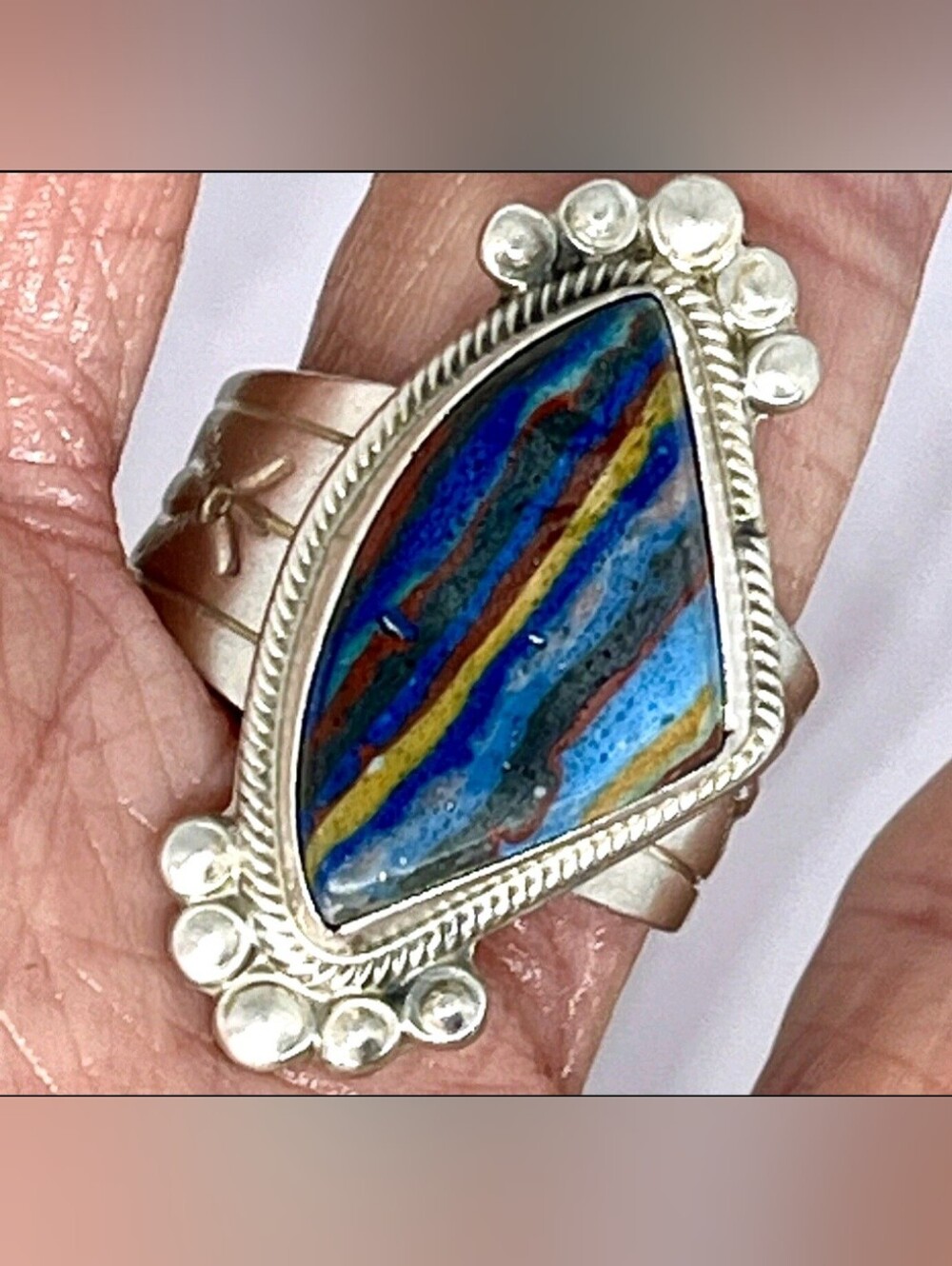 Navajo Rainbow Calsilica Sterling Silver Ring - Size 10 - Stamped Band by Yazzie